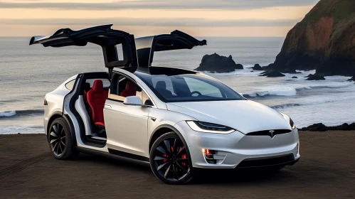 Tesla Model X on the Beach: A Captivating Fusion of Masculine and Feminine Elements