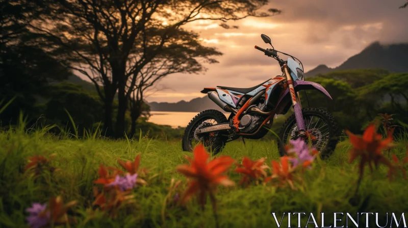 Exotic Atmosphere: Dirt Bike Parked in Grass with Trees and Flowers AI Image