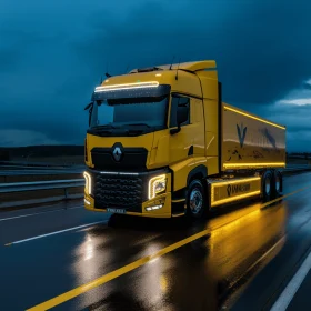 Vibrant Yellow Truck on Wet Road | Dynamic Energy | Illuminated Interiors