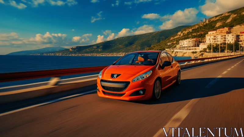 Orange Car Driving Along the Coast with Mountains | Vibrant and Lively AI Image