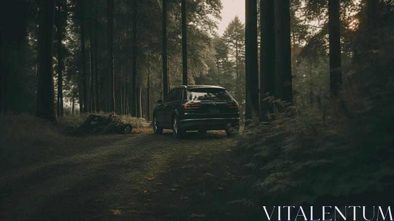 Black SUV Parked on a Forest Dirt Road - Nostalgic Atmosphere AI Image