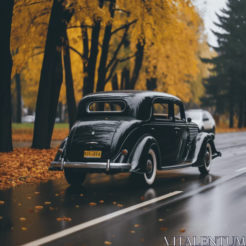 Vintage Car Driving Through Autumn Trees | Refined Elegance AI Image