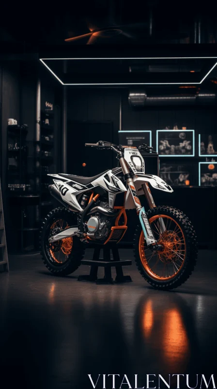 Motorcycle in a Dark Showroom: An Exquisite Blend of Raw Energy and Precision AI Image