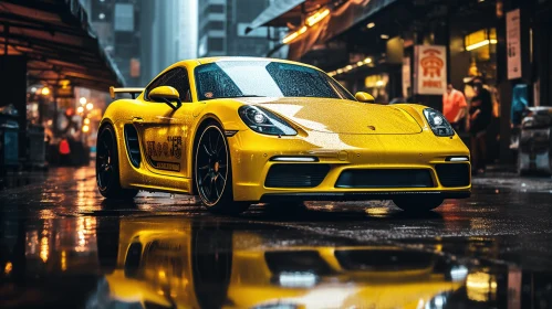 Captivating Yellow Sports Car on Wet Street - Hyper-Realistic Portraiture