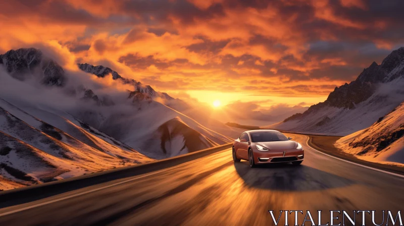 Red Car Driving Down Mountain Road at Sunset | Metallic Finish AI Image
