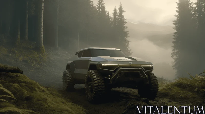 Sleek Concept Art Car in Misty Forest | Futuristic Design AI Image