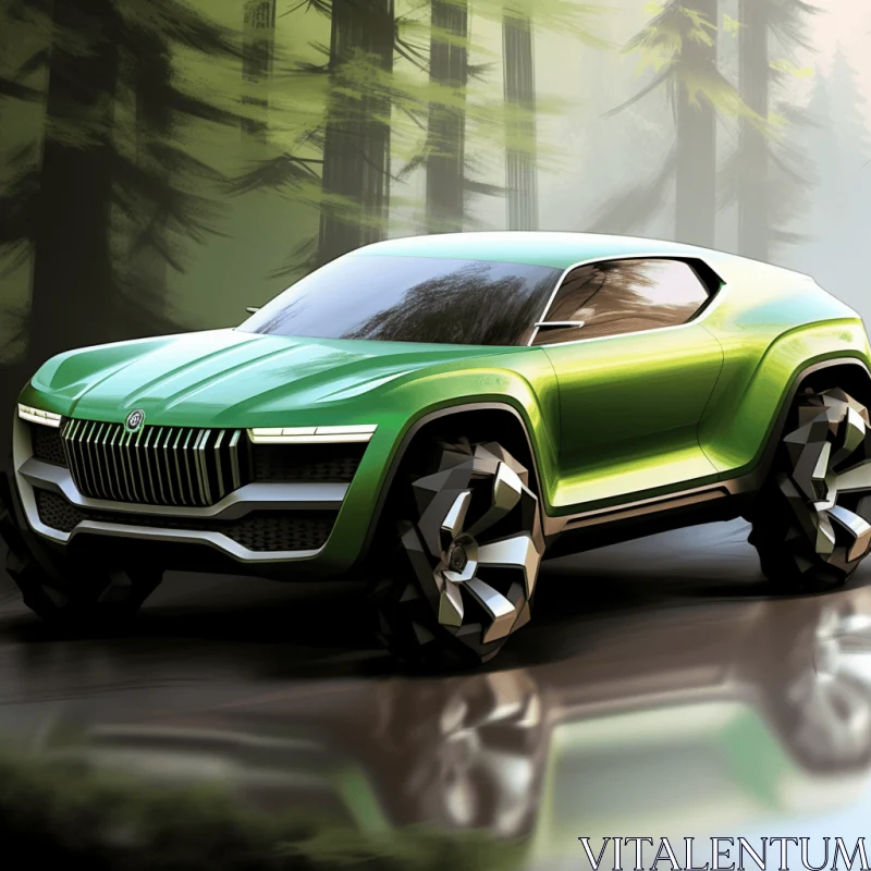 Bright Green Pickup Truck in Woods: Digital Painting and Drawing Style AI Image
