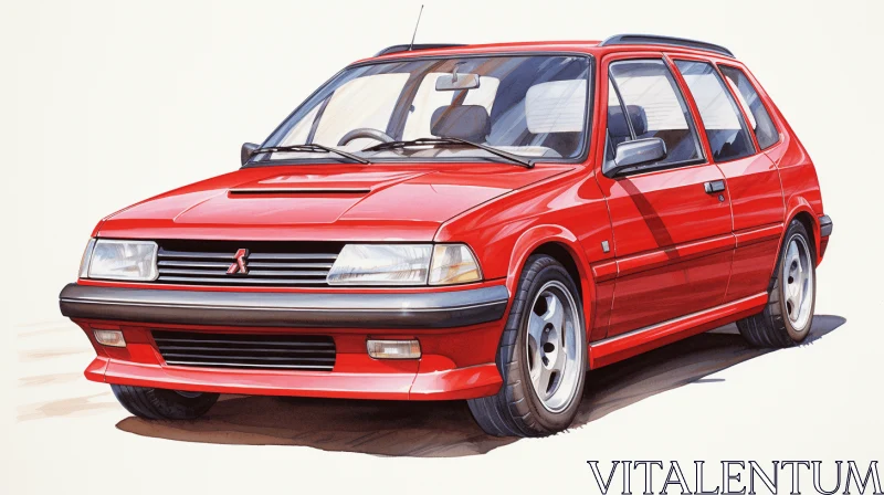 Exquisite Red Compact Car Drawing on White Background - Neogeo Style AI Image