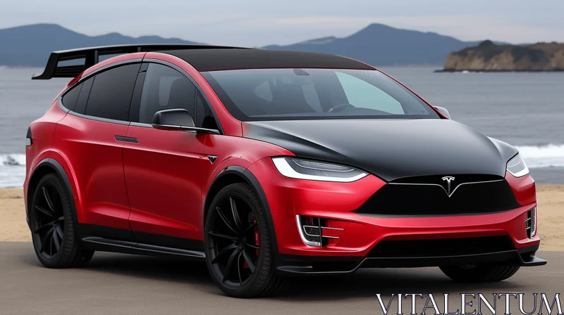 Striking Red Tesla Model X SUV: Hyper-Detailed Rendering AI Image