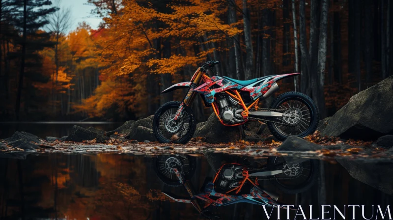 Captivating Autumn Scene: Dirt Bike Parked by the Pond AI Image