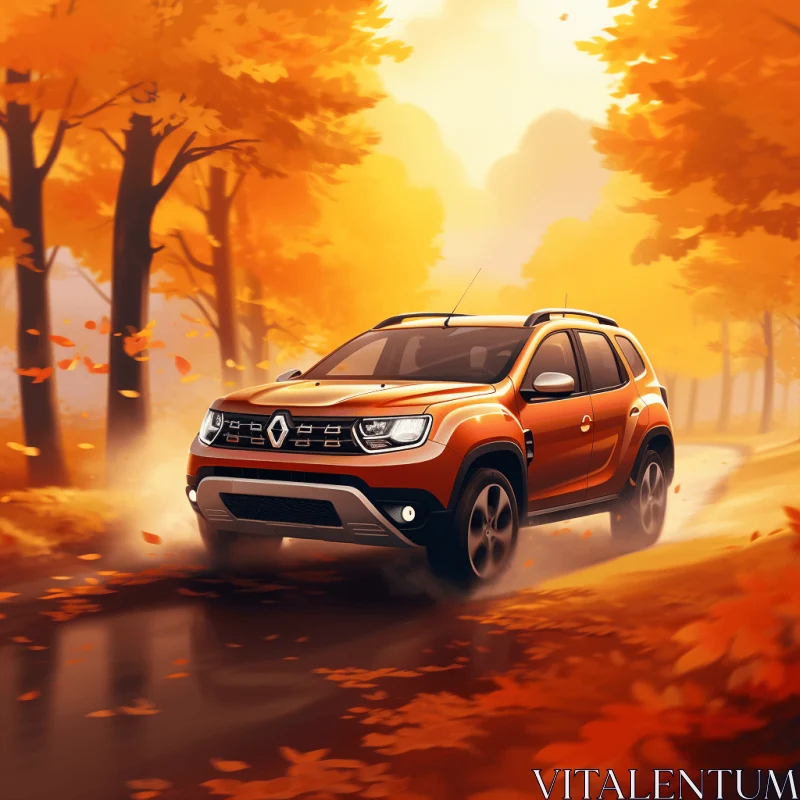 Renault Duster Driving in Autumn: A Vibrant Digital Painting AI Image