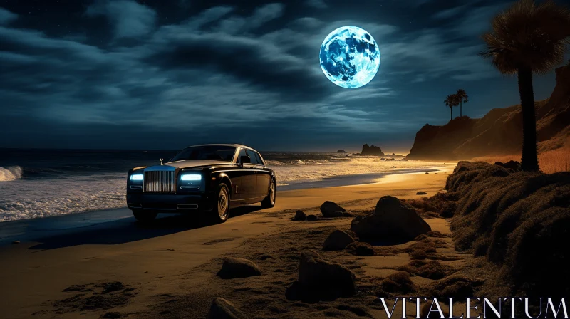Black Car on Beach Under Moon | Exotic Fantasy Landscape AI Image