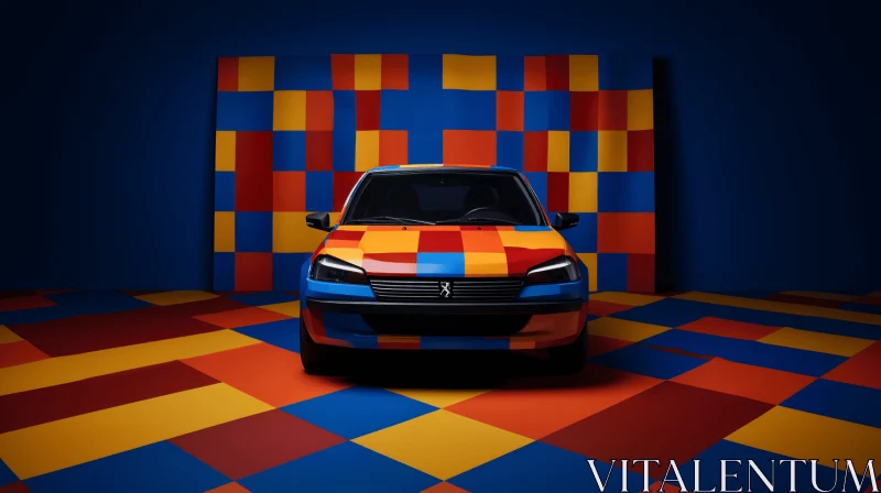 Captivating Blue and Orange Vehicle in Vibrant Illusory Room AI Image