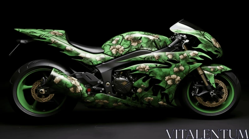 AI ART Extravagant Green Motorcycle with Vibrant Flowers - Gutai Group Inspired