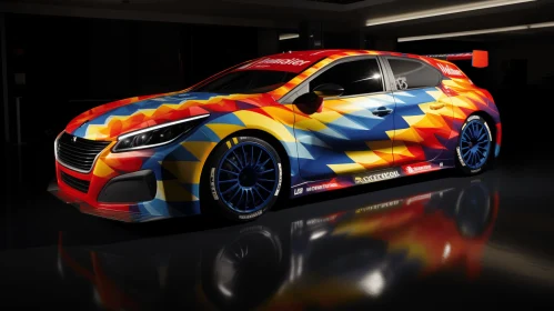 Colored Race Car in Dark Hallway | Mosaic-Like Forms | Graphic Design-Inspired