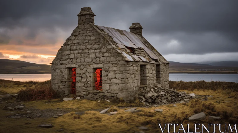 Stone Cottage on the Shore: An Atmospheric Journey Through Time AI Image
