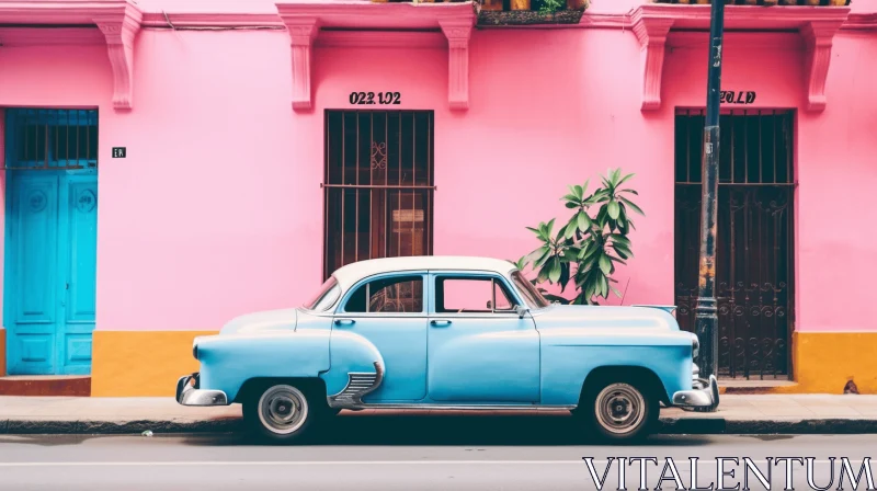 Classic Blue Car Parked in Vibrant Cuban Street AI Image
