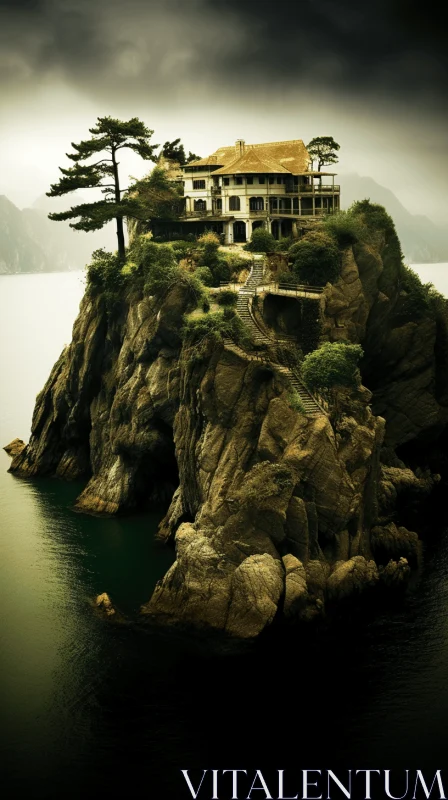 Serene House on Rocky Outcrop Amidst Majestic Landscape AI Image
