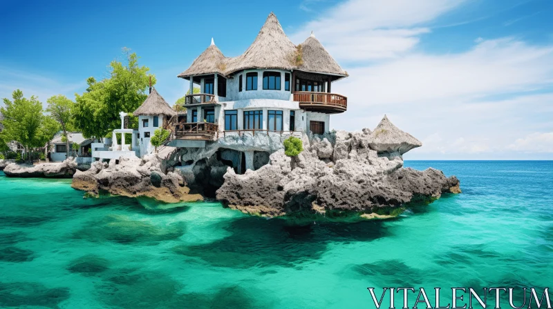Exotic Island Home Amidst the Blue Ocean AI Image