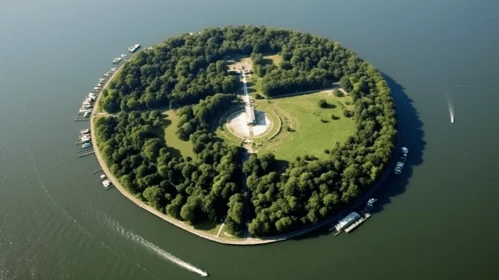 Historic Island Amidst Forest Lake: An Aerial View