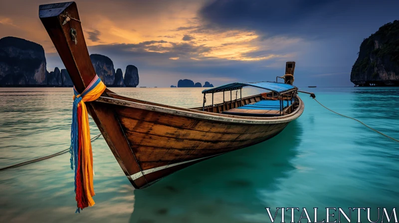 Exotic Seascape: Wooden Boat at Sunset AI Image