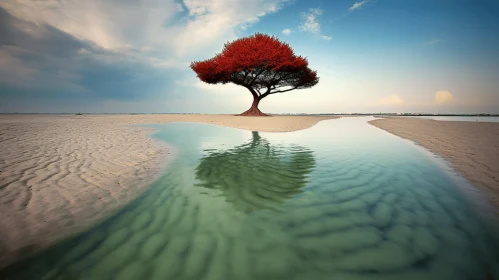 Surreal Coastal Landscape with Red Tree - Photorealistic Art