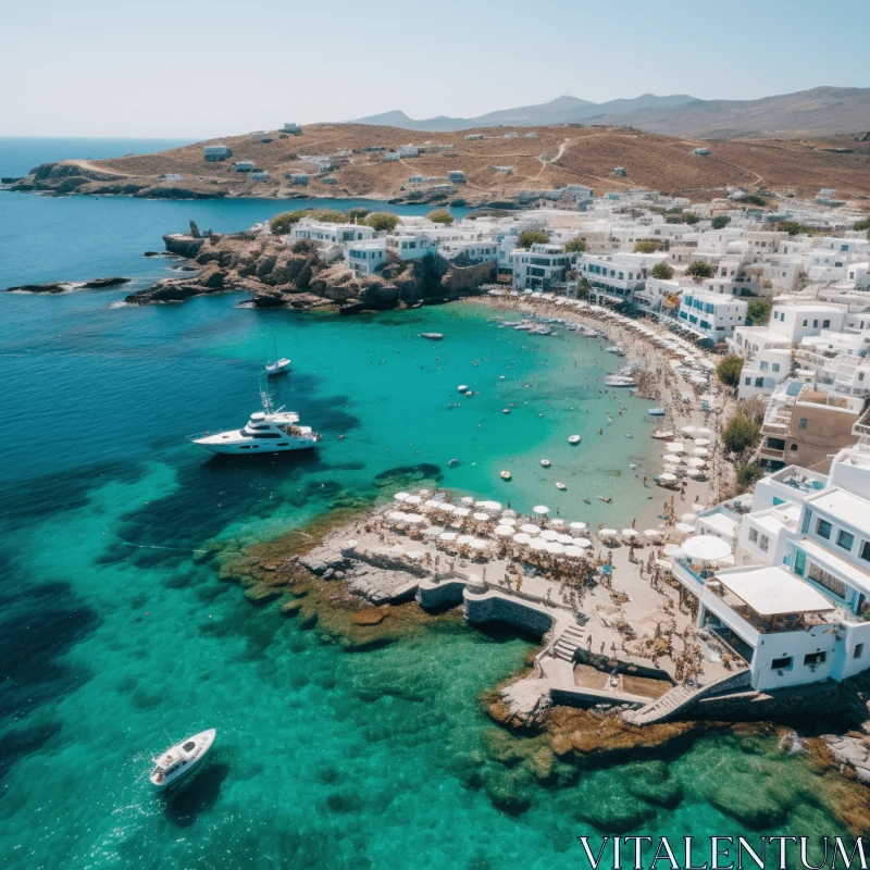 Aerial View of Mykonos Beach with Boats and White Buildings AI Image