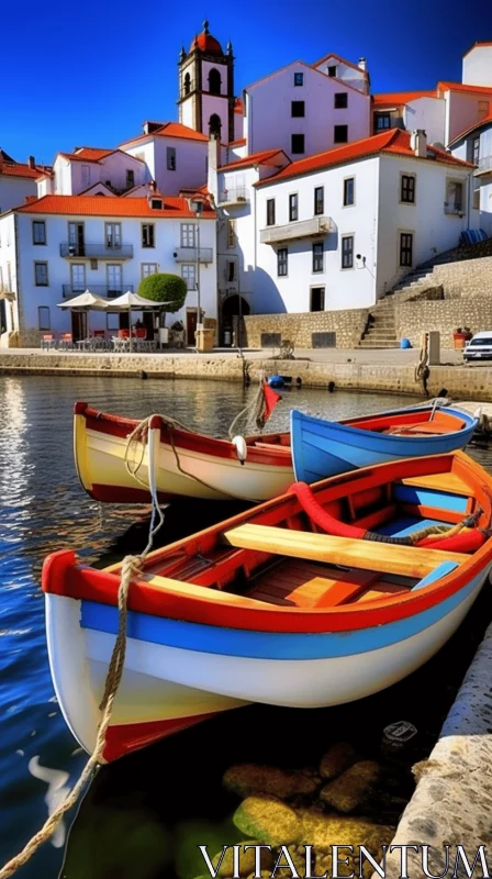 Colorful Fishing Boats at Portuguese Coastal Town AI Image