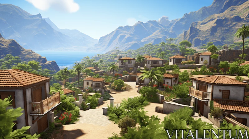 Mediterranean-Inspired Village with Mountain Top View AI Image
