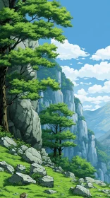 Anime Art Style Mountain Landscape Illustration