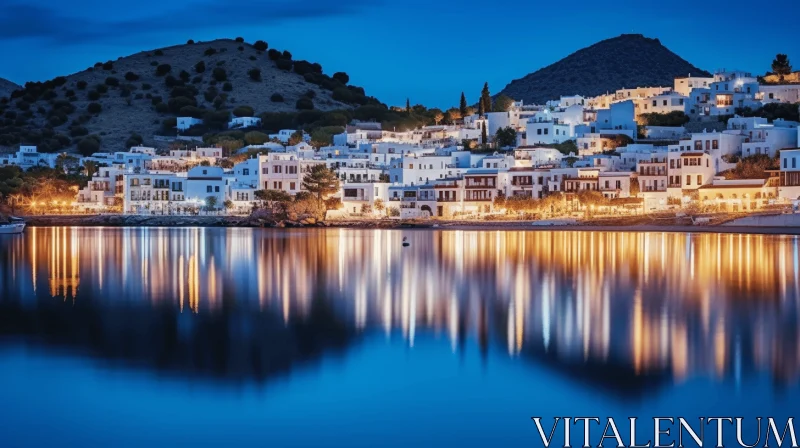 Serene Nighttime Reflections in a Cretan Village AI Image