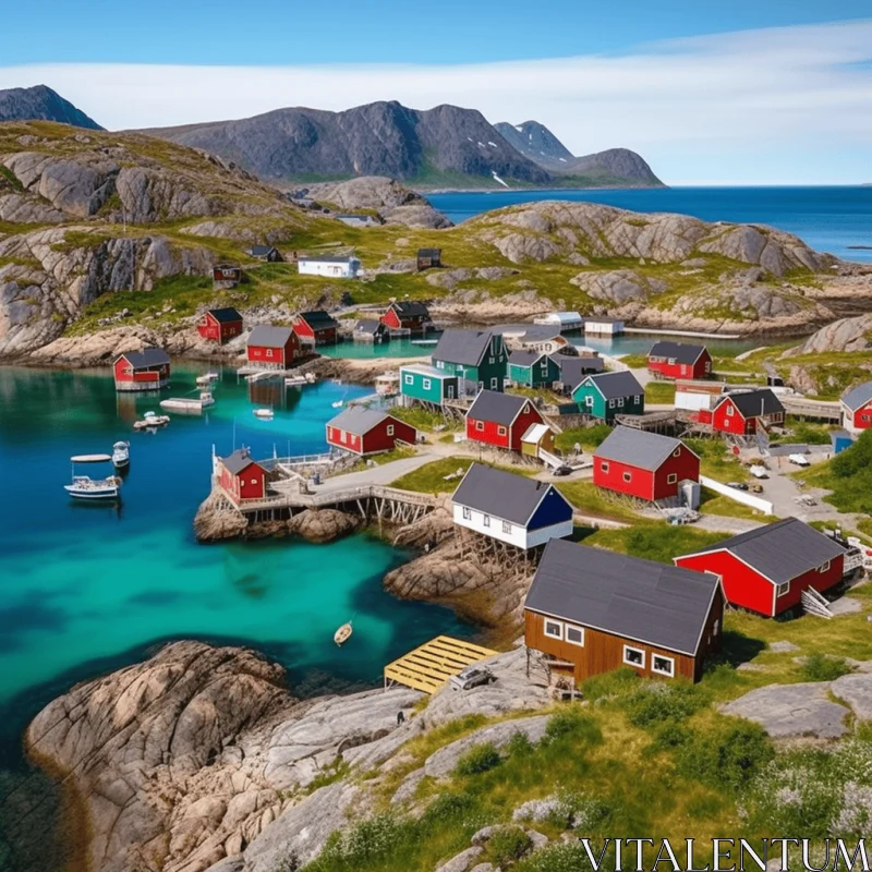 Colorful Coastal Village Amidst Majestic Mountains AI Image