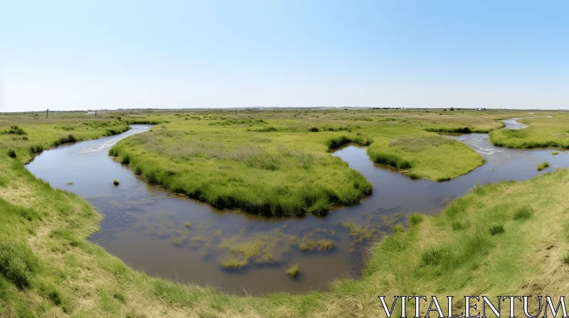 Panoramic Coastal Landscape with Serene Stream AI Image