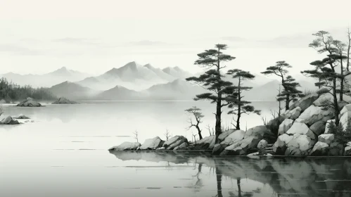 Black and White Watercolor Painting of Chinese Landscape