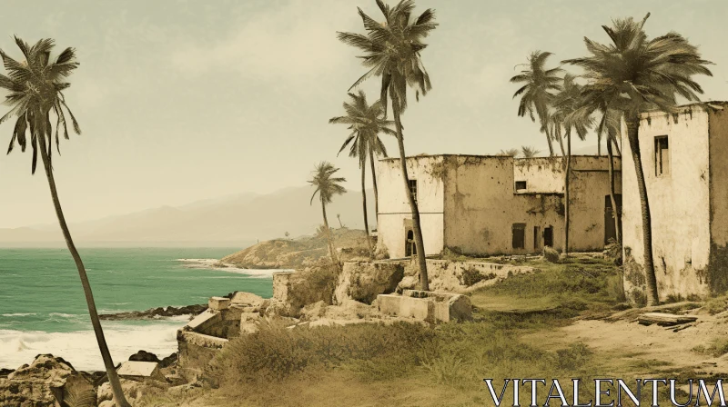Vintage Imagery: Abandoned Beach House and Sea AI Image