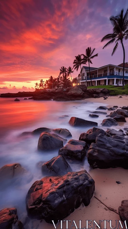 Enchanting Beach Sunset with Coastal House Scenery AI Image