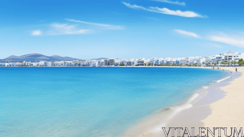 Greek Style Pristine Beach with Grandiose Cityscape Views AI Image