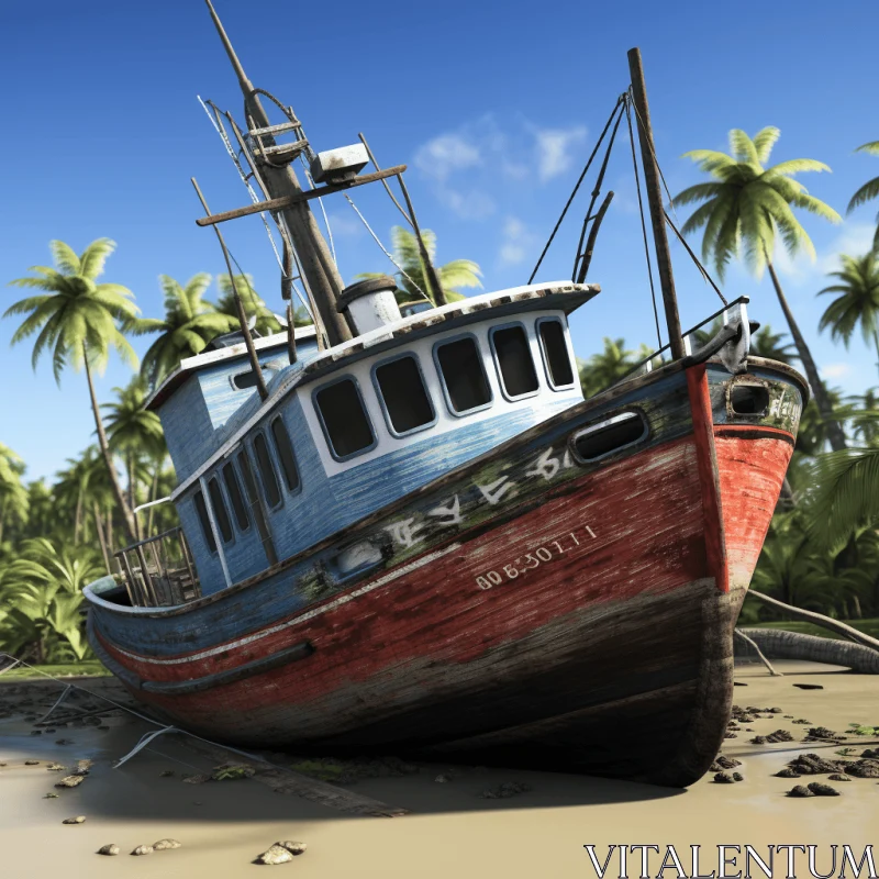 Realistic Rendering of Old Boat in Tropical Landscape AI Image