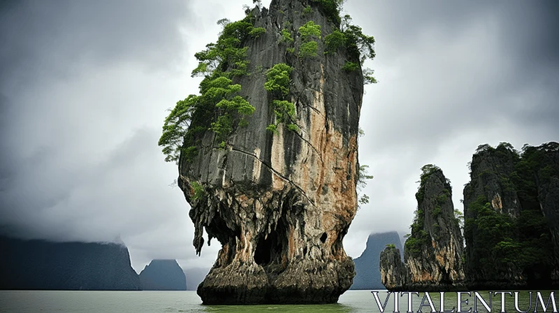 Majestic Rock Formation in Thai Art Style Amidst Waters AI Image