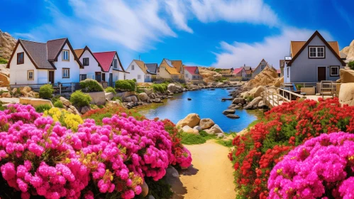 Romantic Lakeside Village Scene with Colorful Houses and Flowers