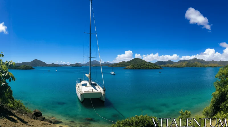 White Sailboat Docked in Clear Blue Water Amidst Tropical Landscape AI Image