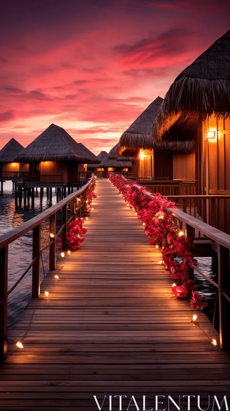 Illuminated Beach Resort at Sunset - Tropical Paradise AI Image