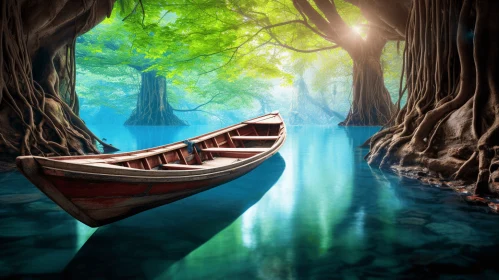 Wooden Boat in a Serene Forest Landscape