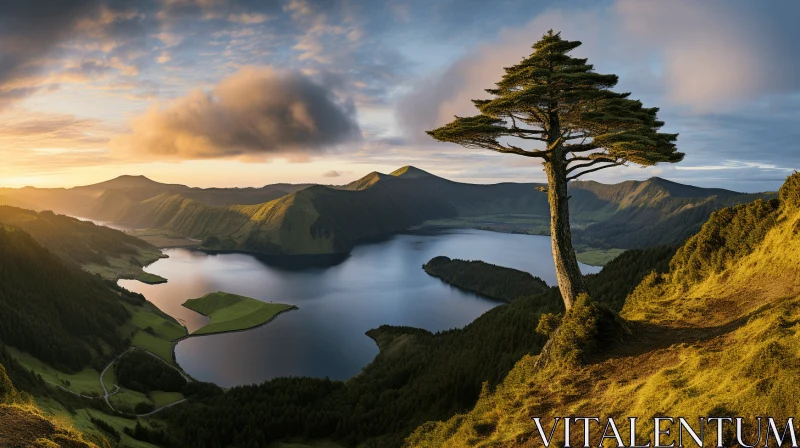 Solitary Tree by Lake in Mountainous Landscape AI Image