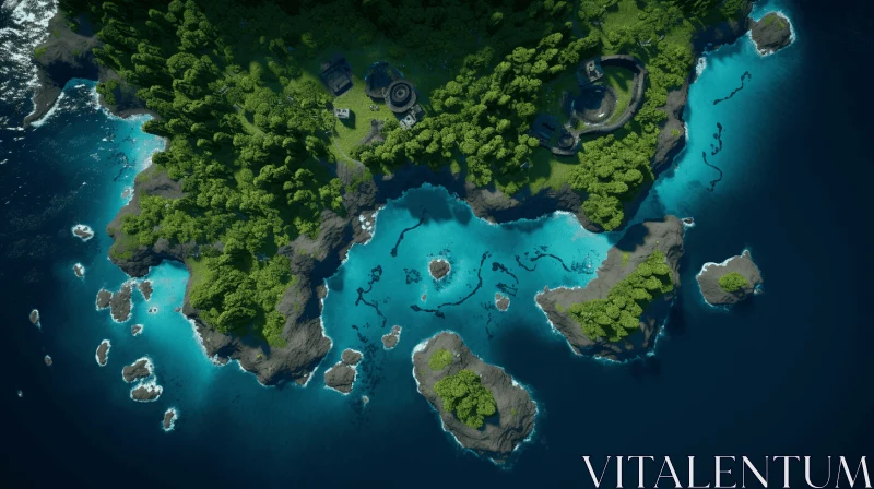 Aerial View of Mystical Island in 3D: A Fusion of Nature and Japanese Artistry AI Image