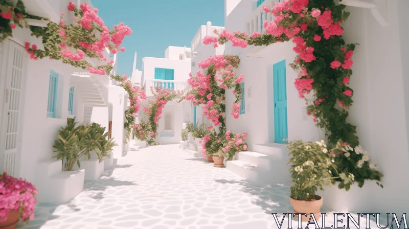 Colorful Floral Streets of Ancient Mykonos, Crete - A Surreal Artistic Rendering AI Image