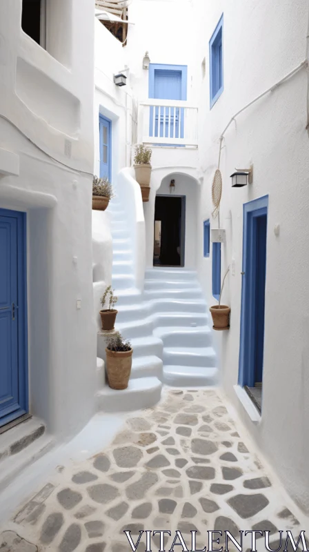 White Stone Pathway with Blue Doors in Greek Architecture AI Image