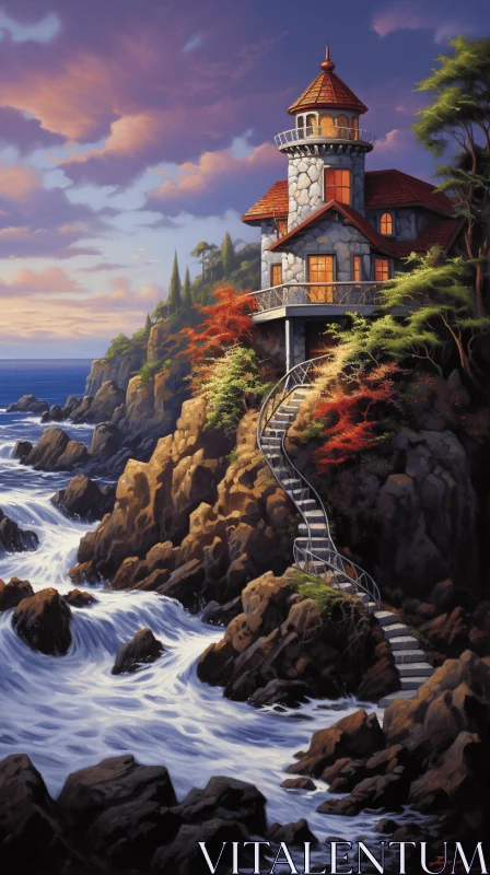 Lighthouse by the Ocean: A Romantic Riverscape Painting AI Image