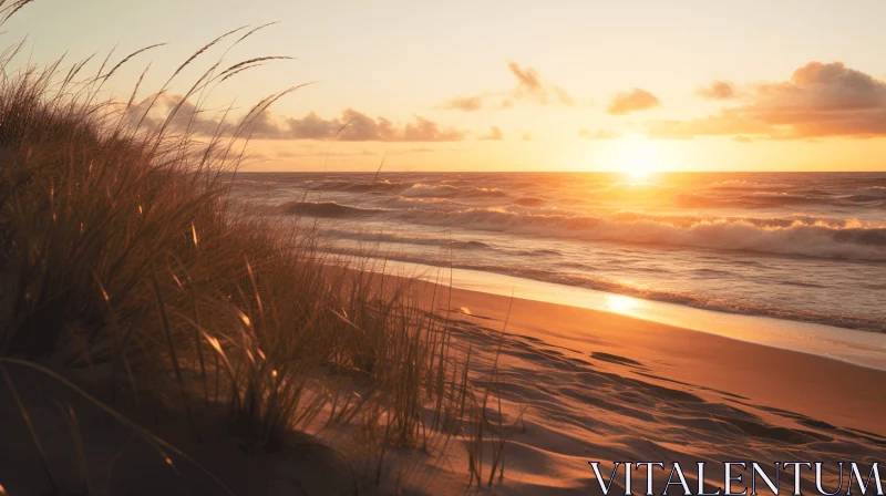 Serene Beach Scene with Naturalistic Ocean Waves and Sunlit Tall Grasses AI Image
