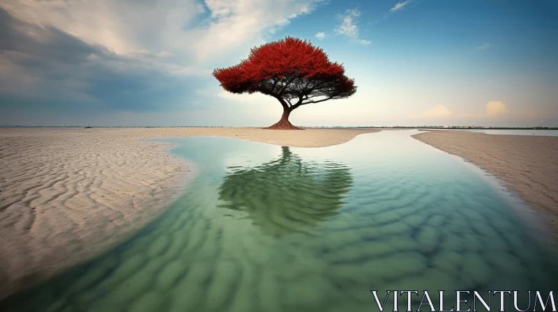 Surreal Coastal Landscape with Red Tree - Photorealistic Art AI Image